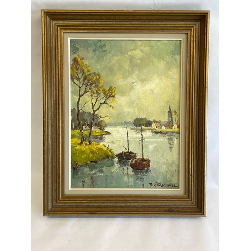 36 - Continental Framed Oil On Canvas Of A River Scene Signed Bottom Right. 52 x 41 cms