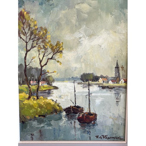 36 - Continental Framed Oil On Canvas Of A River Scene Signed Bottom Right. 52 x 41 cms