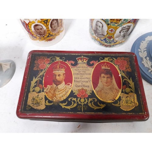 144 - Royal Interest to include 2 x Coronation mugs and a Fry's coronation tin, together with a Wedgewood ... 