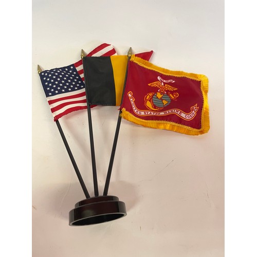 249 - Vintage 1970s Desk Flags Of The American Marine Corps American Flag And Belgian Flag.