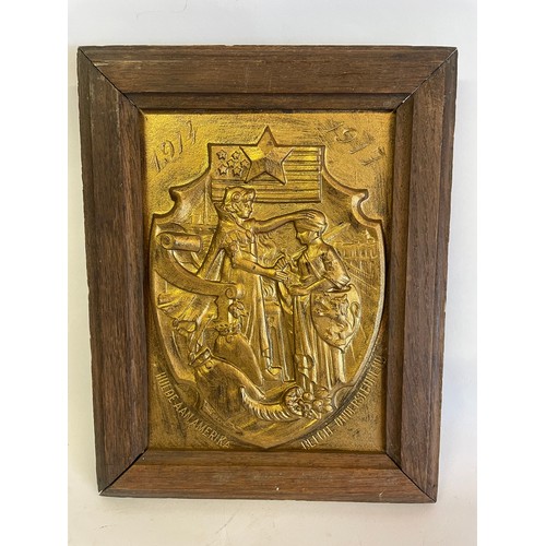 254 - WW1 Tribute To Americans  Metal Mounted In Wood Plaque. 24 x 19 cms