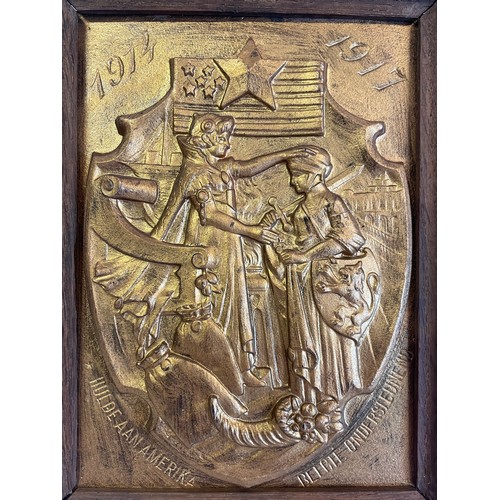 254 - WW1 Tribute To Americans  Metal Mounted In Wood Plaque. 24 x 19 cms