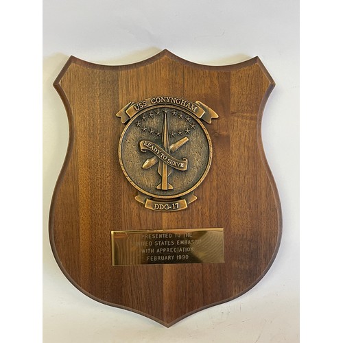 255 - United States Presentation Plaque To The US Embassy. USS CONYNGHAM DDG-17. 26 x 20 cms