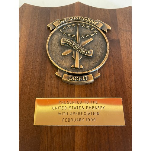 255 - United States Presentation Plaque To The US Embassy. USS CONYNGHAM DDG-17. 26 x 20 cms