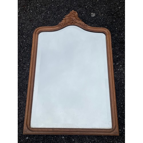 533 - Vintage Wood Framed Bevelled Edge Mirror With Decorative Carved Wood Top. 82 x55 cms