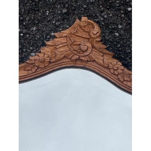 533 - Vintage Wood Framed Bevelled Edge Mirror With Decorative Carved Wood Top. 82 x55 cms