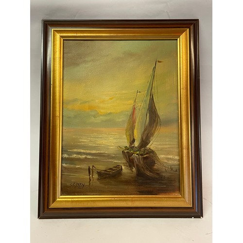 534 - Vintage Continental Oil On Canvas Of A Sail Boat On The Shoreline. 51 x 41 cms