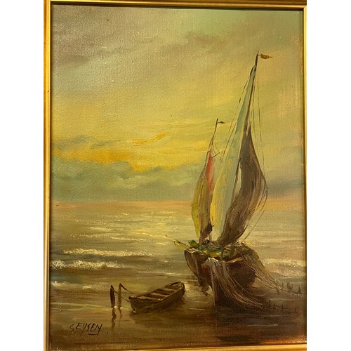 534 - Vintage Continental Oil On Canvas Of A Sail Boat On The Shoreline. 51 x 41 cms