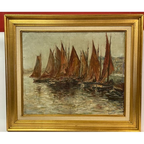 535 - Vintage Gilt Framed Continental Oil On Canvas Of Sailboats Signed Bottom Right. 62 x 71 cms