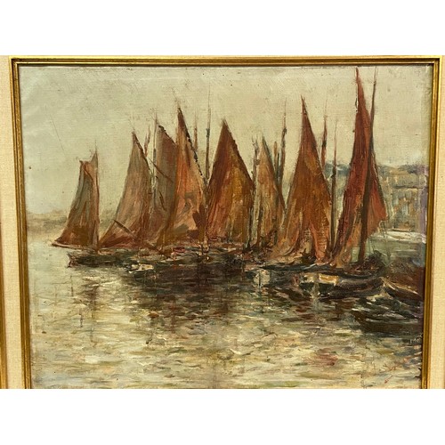 535 - Vintage Gilt Framed Continental Oil On Canvas Of Sailboats Signed Bottom Right. 62 x 71 cms