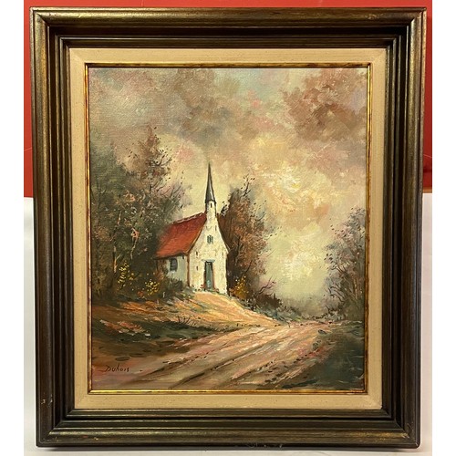 536 - Large Continental Painting Oil On Canvas Of A Church On The Hill Signed Bottom Left. 93 x 82 cms