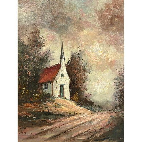 536 - Large Continental Painting Oil On Canvas Of A Church On The Hill Signed Bottom Left. 93 x 82 cms