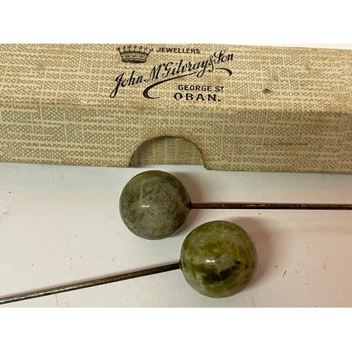 546 - Two Boxed Antique Hat Pins With Green Stone Ball Ends.