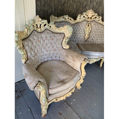 20A - French Painted  Royal Sofa Set Comprising Of A Three Seater Sofa Along With Two Large Chairs. (3)