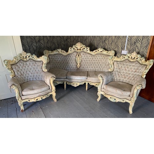 20A - French Painted  Royal Sofa Set Comprising Of A Three Seater Sofa Along With Two Large Chairs. (3)