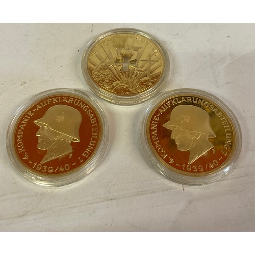 481 - Three German Gold Coloured Commemorative Coins To Include 4th Panzer Along With A WW1 Coin (3)