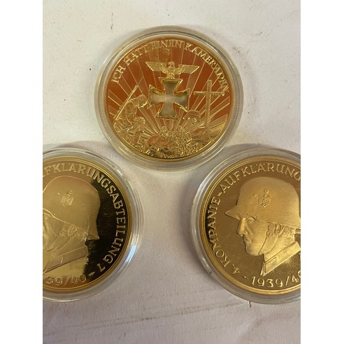 481 - Three German Gold Coloured Commemorative Coins To Include 4th Panzer Along With A WW1 Coin (3)