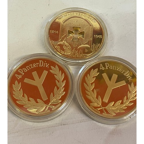 481 - Three German Gold Coloured Commemorative Coins To Include 4th Panzer Along With A WW1 Coin (3)