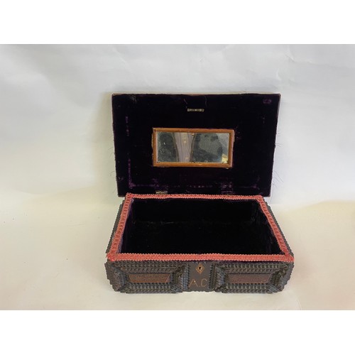 163 - Antique Heavily Carved Gothic Style Box With Purple Velvet Liner With Similar Cushion To Top. 35 x 2... 