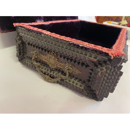 163 - Antique Heavily Carved Gothic Style Box With Purple Velvet Liner With Similar Cushion To Top. 35 x 2... 