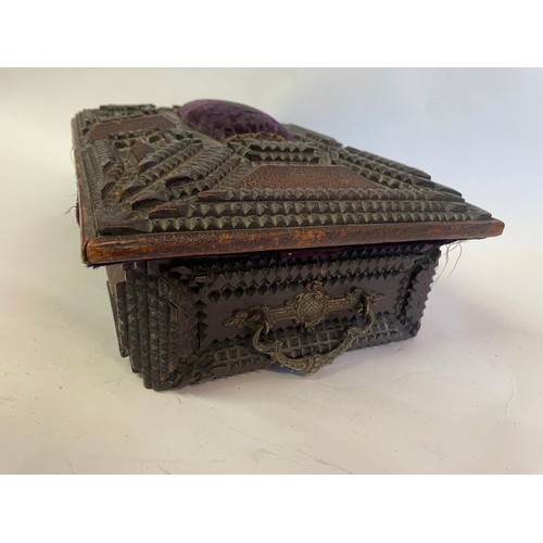 163 - Antique Heavily Carved Gothic Style Box With Purple Velvet Liner With Similar Cushion To Top. 35 x 2... 