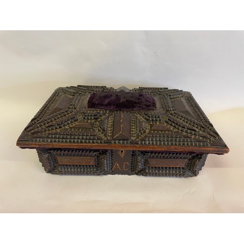 163 - Antique Heavily Carved Gothic Style Box With Purple Velvet Liner With Similar Cushion To Top. 35 x 2... 