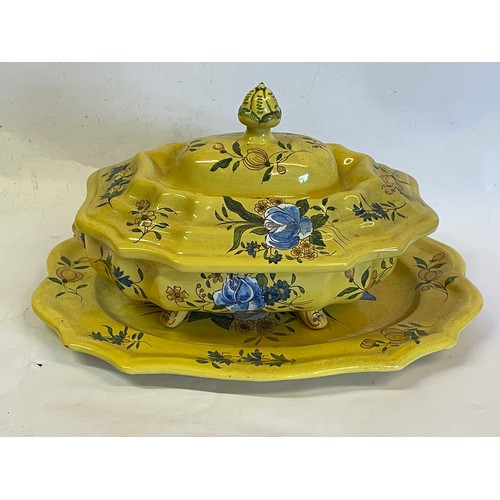 162 - Vintage French Hand Painted Ceramic Lidded Tureen Along With A Platter 45 x 34 cms .