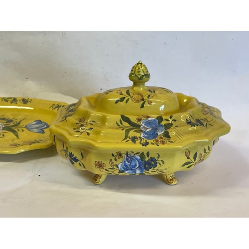 162 - Vintage French Hand Painted Ceramic Lidded Tureen Along With A Platter 45 x 34 cms .