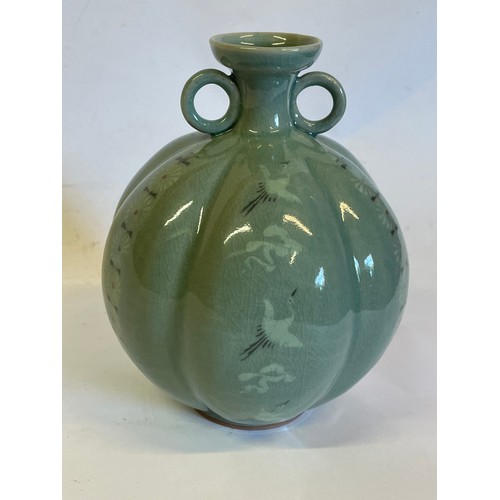 175 - Asian Ceramic Two Handled Vase With Bird And Flower Decoration With Mark To Base. 17 cms High