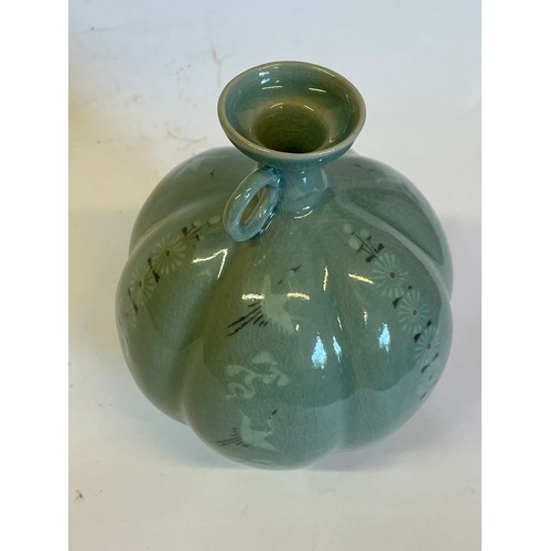 175 - Asian Ceramic Two Handled Vase With Bird And Flower Decoration With Mark To Base. 17 cms High