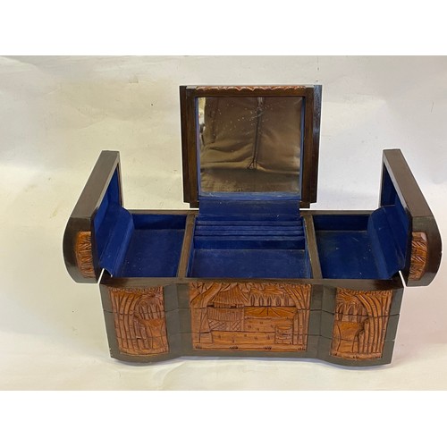 183 - Heavily Carved Oriental Style Jewellery Chest. 45 x 23 x 20 cms