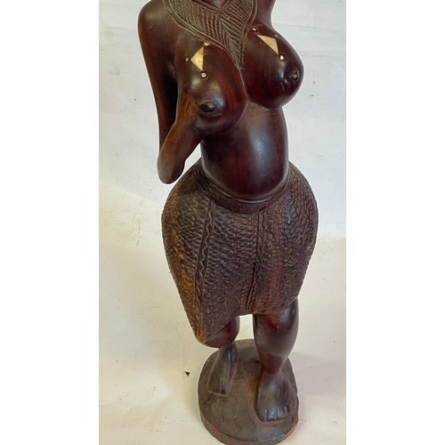 193 - Large Heavy Wood With Inlay Carved African Figure. 86 cms High.