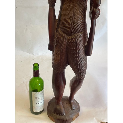 194 - Similar To Previous Lot Large Heavy Wood With Inlay Carved African Figure. 94cms High.