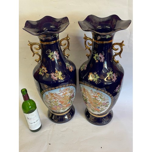 251 - Pair Of Large Hand Painted Continental Ceramic Vases With Bird And Flower Decoration 60 cms High (2)