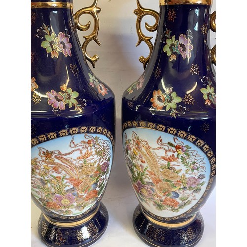 251 - Pair Of Large Hand Painted Continental Ceramic Vases With Bird And Flower Decoration 60 cms High (2)