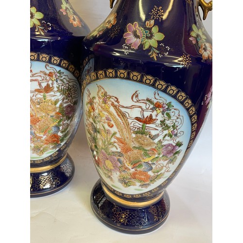 251 - Pair Of Large Hand Painted Continental Ceramic Vases With Bird And Flower Decoration 60 cms High (2)