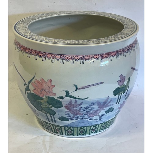 199 - Similar To Previous Lot Chinese Fish Bowl Style Ceramic Hand Painted Planter. 37 x 30.5 cms