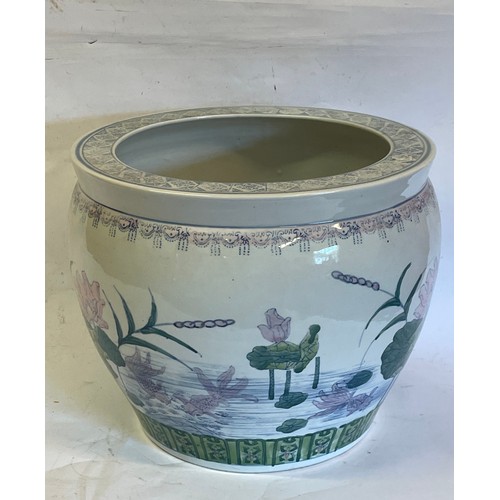 198 - Chinese Fish Bowl Style Ceramic Hand Painted Planter. 37 x 30.5 cms