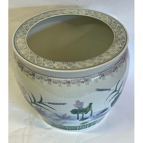 198 - Chinese Fish Bowl Style Ceramic Hand Painted Planter. 37 x 30.5 cms