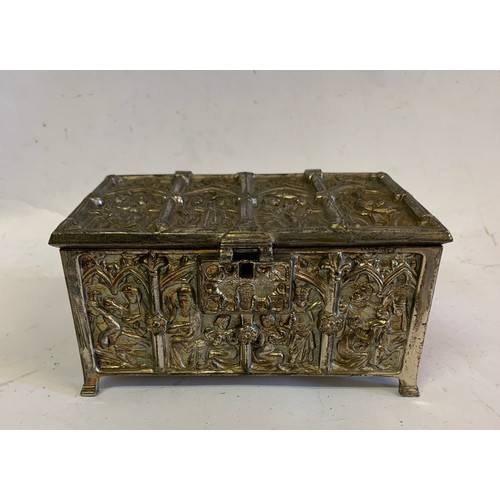 102 - Vintage White Metal Medieval Style Casket With Gothic Relief
15 x 9 x 8 cms h