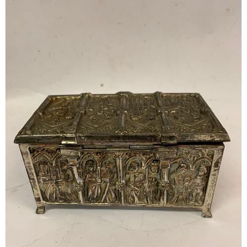 102 - Vintage White Metal Medieval Style Casket With Gothic Relief
15 x 9 x 8 cms h