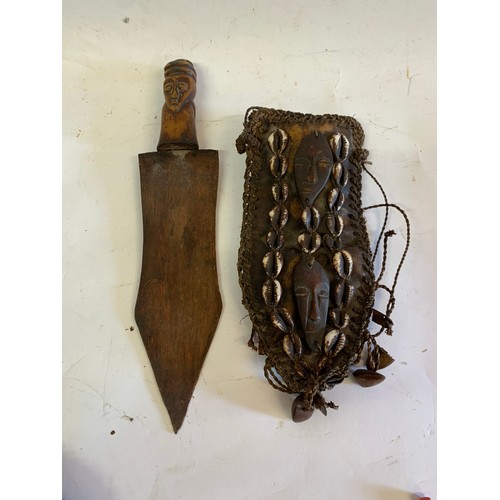 135 - Vintage Tribal Knife From The Lega Tribe With Leather Scabbard Having Cowie Shell Décoration And Bon... 