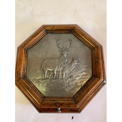 200 - Vintage Octagonal Jewellery Box Having A Signed Pewter Plaque Featuring A Deer To The Top