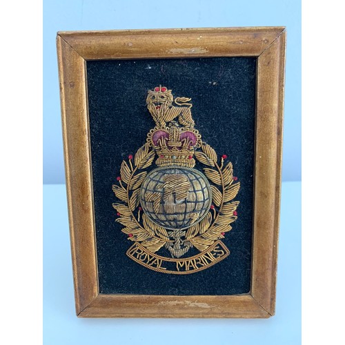 240 - Vintage Framed ROYAL MARINES Embroidered Badge Together With A Vintage Embroidered RAF Badge
10 x 14... 