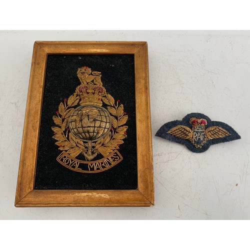 240 - Vintage Framed ROYAL MARINES Embroidered Badge Together With A Vintage Embroidered RAF Badge
10 x 14... 