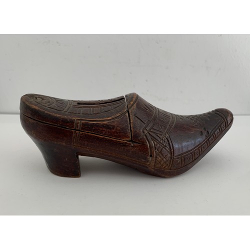 106 - Antique Carved Wood Money Box In The Shape Of A Shoe With Sliding Lid. Signed L. VanOekel And Dated ... 