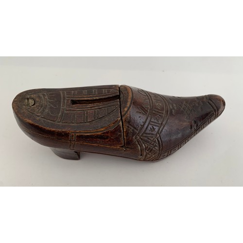 106 - Antique Carved Wood Money Box In The Shape Of A Shoe With Sliding Lid. Signed L. VanOekel And Dated ... 