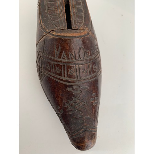 106 - Antique Carved Wood Money Box In The Shape Of A Shoe With Sliding Lid. Signed L. VanOekel And Dated ... 