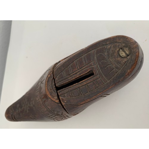 106 - Antique Carved Wood Money Box In The Shape Of A Shoe With Sliding Lid. Signed L. VanOekel And Dated ... 