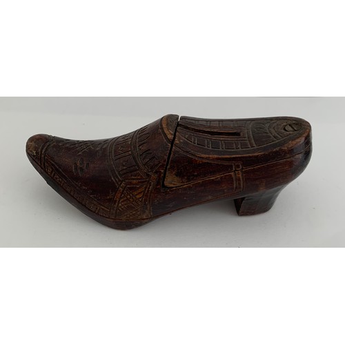 106 - Antique Carved Wood Money Box In The Shape Of A Shoe With Sliding Lid. Signed L. VanOekel And Dated ... 